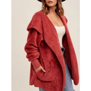 Hem & Thread Cozy Teddy Fleece Hooded Open Front Cardigan Coat Red One Size NWT